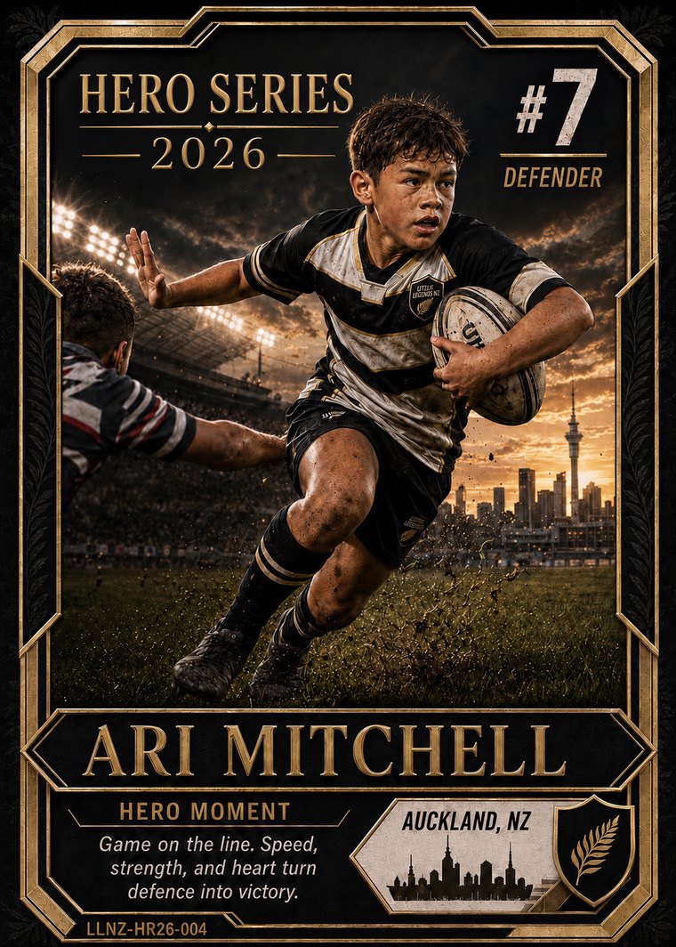 Hero Series card design preview: Ari Mitchell, Rugby, Action Edition — illustrative design, not a real customer