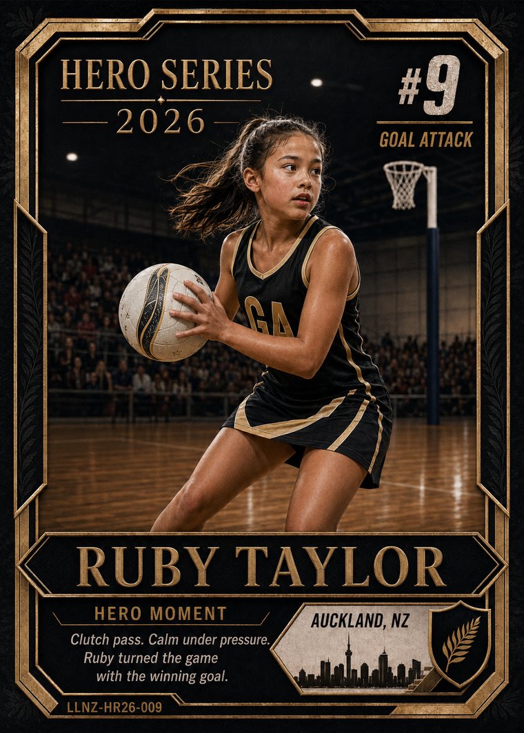 Hero Series card design preview: Ruby Taylor, Netball, Action Edition — illustrative design, not a real customer